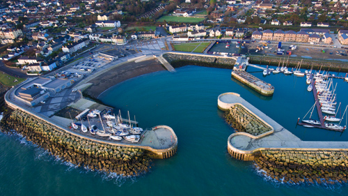 An aerial view of a harbor port in Wicklow