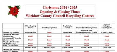 Christmas 2024 / 2025 Opening & Closing Times Wicklow County Council Recycling Centres