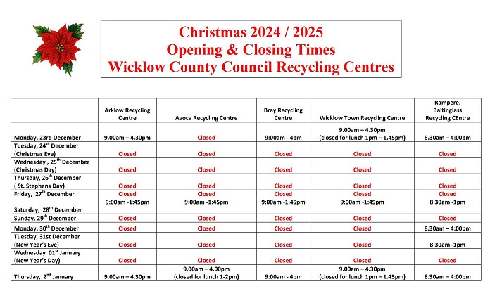 Christmas 2024 / 2025 Opening & Closing Times Wicklow County Council Recycling Centres